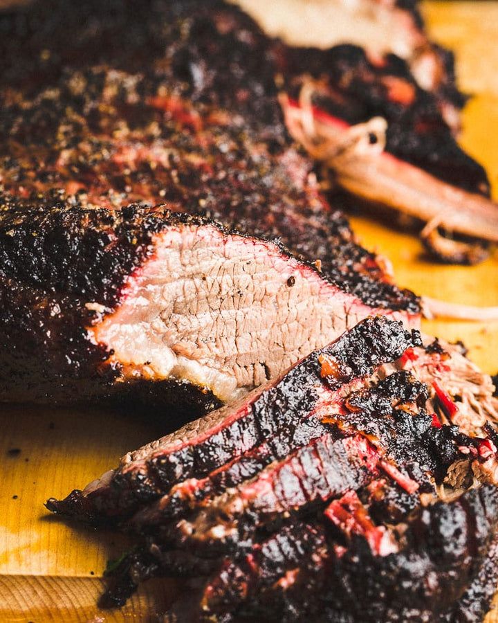 Smoked second-cut brisket, sliced